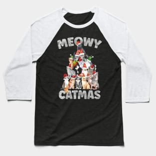 Meowy Catmas Santa Hat Cat Christmas Tree Baseball T-Shirt